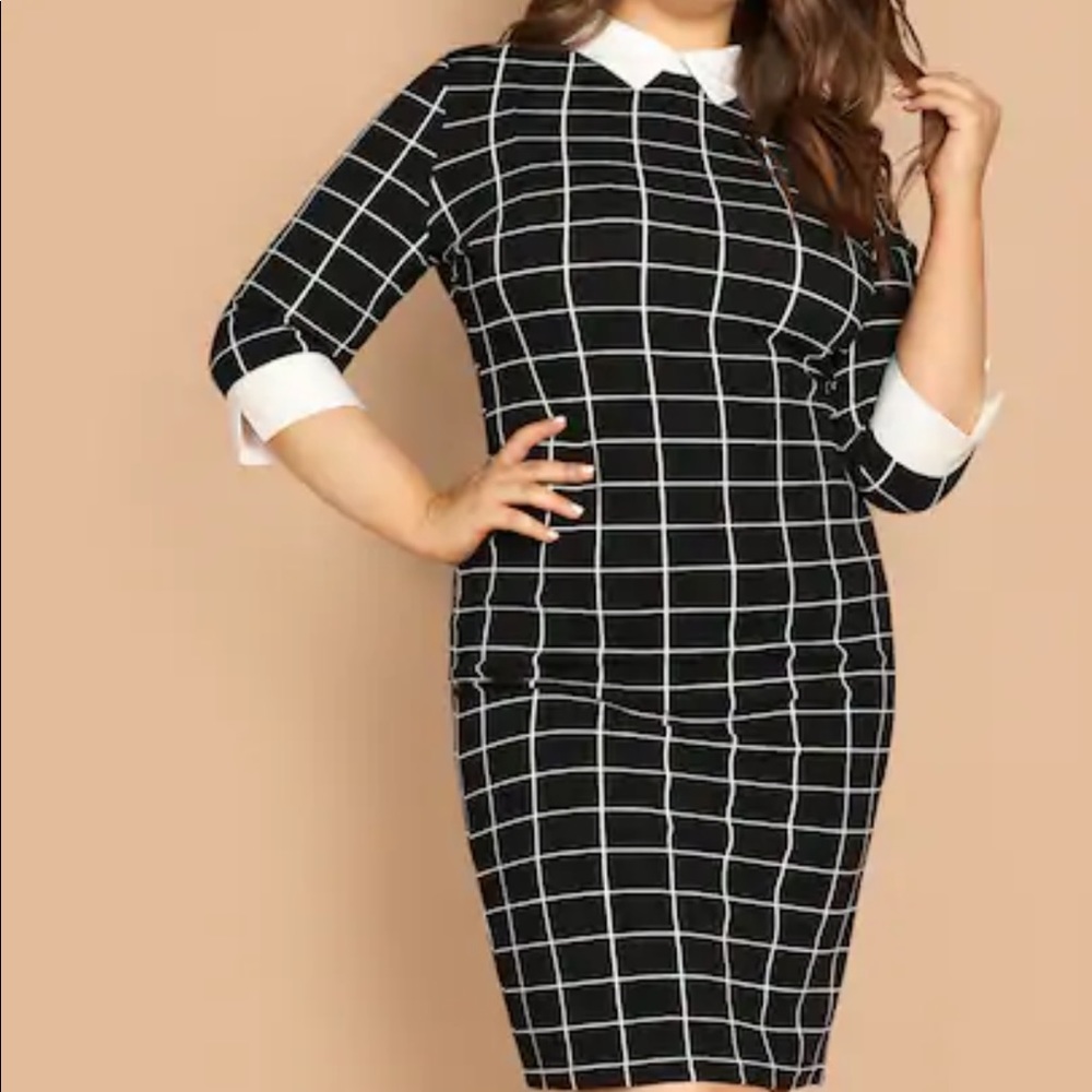 Contrast Collar and Cuff Grid Dress